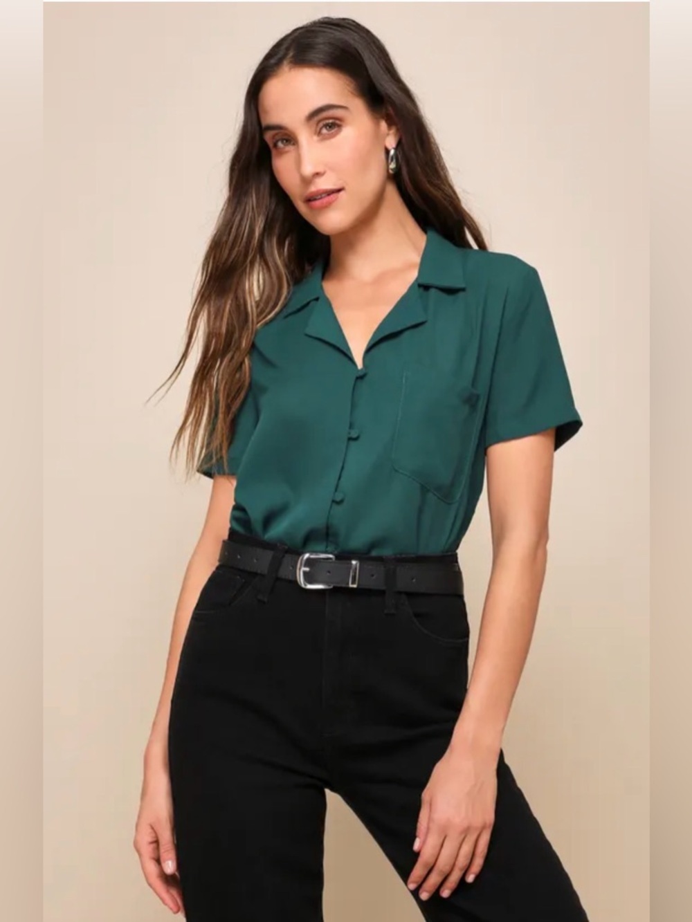 Lulus Emerald Green Short-Sleeve Button Front Blouse